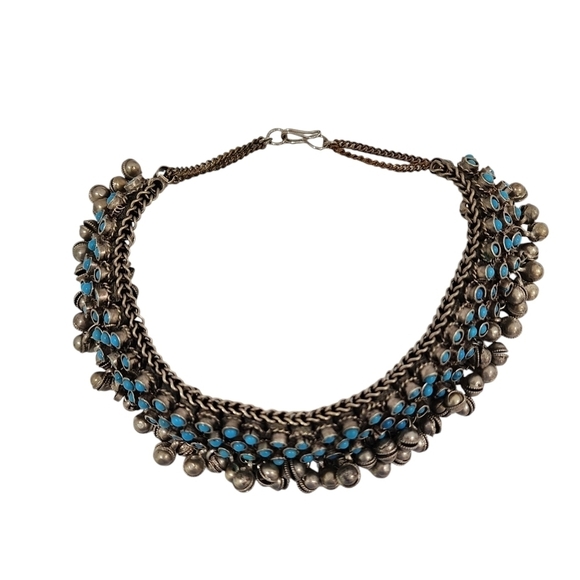 Rare Indian Antique Slivertone and Turquoise Necklace and Bracelet from 1950s - Picture 8 of 16